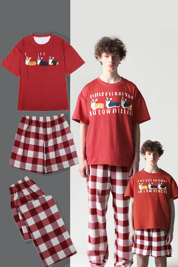 Pyjama familial assorti à manches courtes imprimé chien rouge
